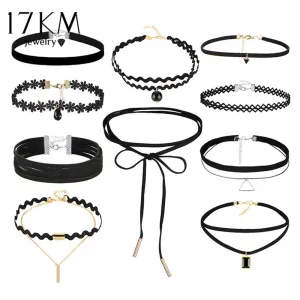 17KM Bohemian Gothic Tattoo Choker Necklaces Set for Women Black Lace Long Necklace Female Collier Chain Fashion Jewelry Party