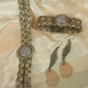 Beige Leather Ribbon Choker & Bracelet & Earrings Jewelry Set