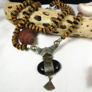 Black Red & Gold African Trade Bead Pendant Necklace