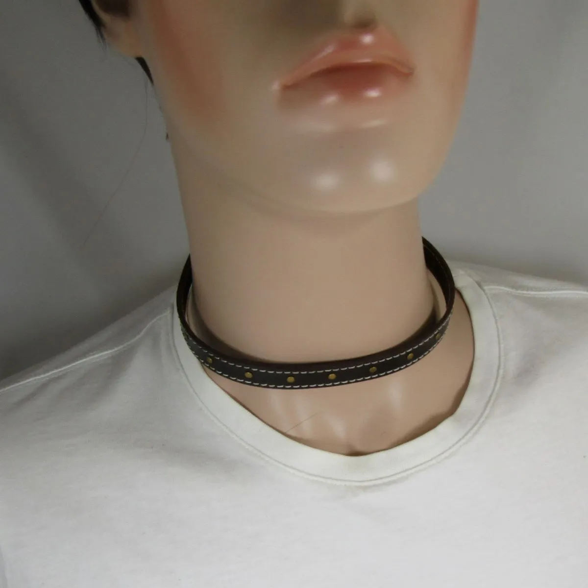 Brown Leather Choker Necklace Men's Single Rivets