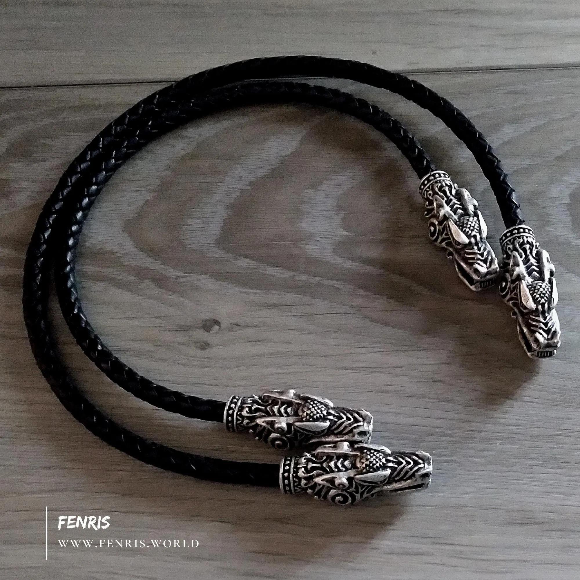 Celtic Wolf Torc Silver Black Leather Youth Size | Fenris