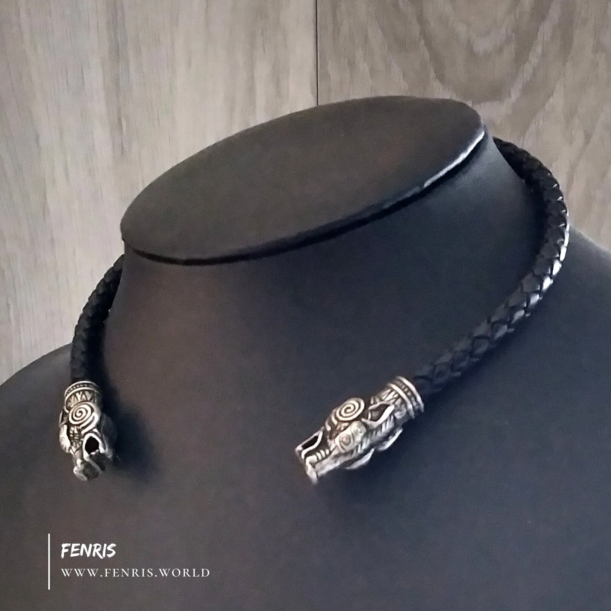 Celtic Wolf Torc Silver Black Leather Youth Size | Fenris