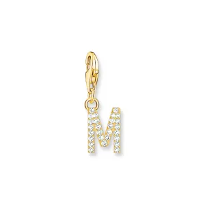 Charm pendant letter M with white stones gold plated