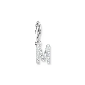 Charm pendant letter M with white stones silver