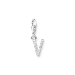 Charm pendant letter V with white stones silver