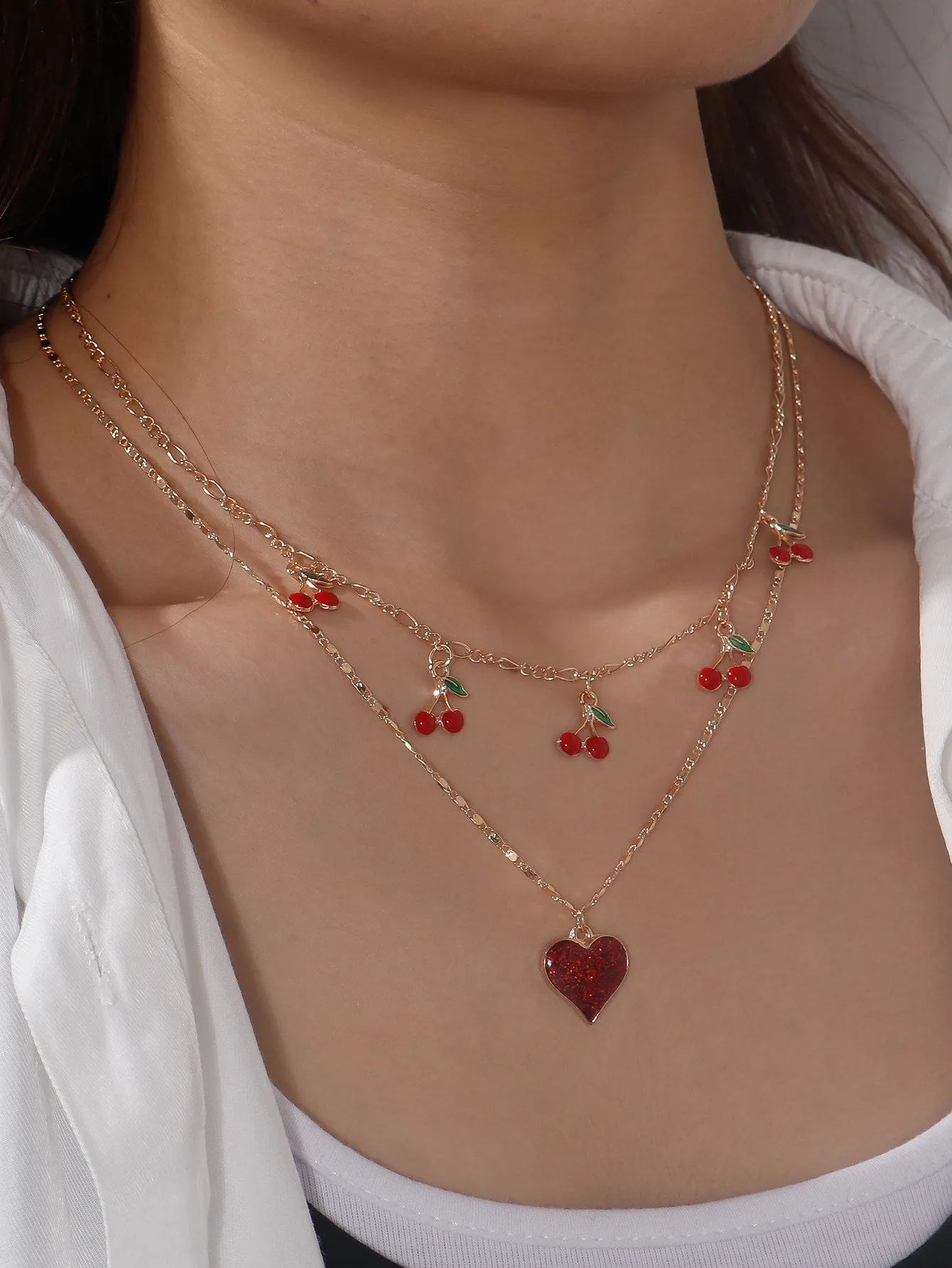 Cherry & Heart Charm Layered Necklace Jewelry for Women Gift for Her Necklace