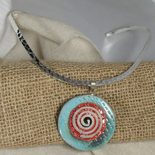 Choker Handmade Aqua &  Raku Pendant  Spiral Bail Silver Neck Wire