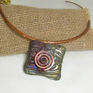 Choker Handmade Dark Green Raku Pendant Copper Neck Wire