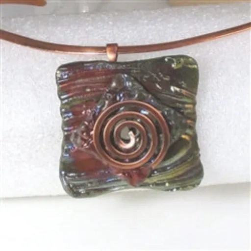 Choker Handmade Dark Green Raku Pendant Copper Neck Wire