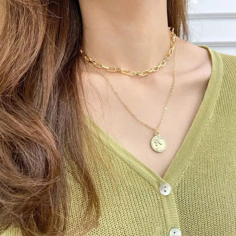 Coin Pendant Beauty Choker Simple Double Head Layer Chain New Clavicle Gold Metal Necklace