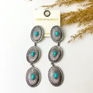 Concho Drop Earrings with Turquoise Stones in Silver Tone