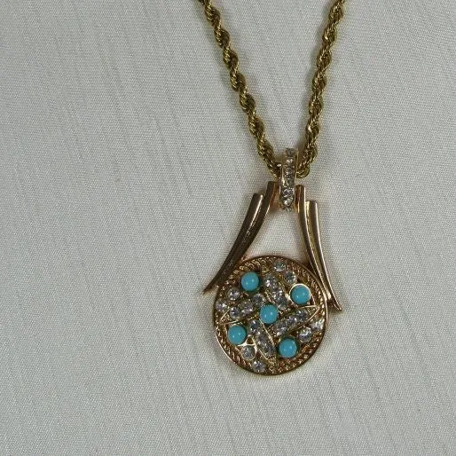 Crystal & Turquoise Pendant Necklace Gold