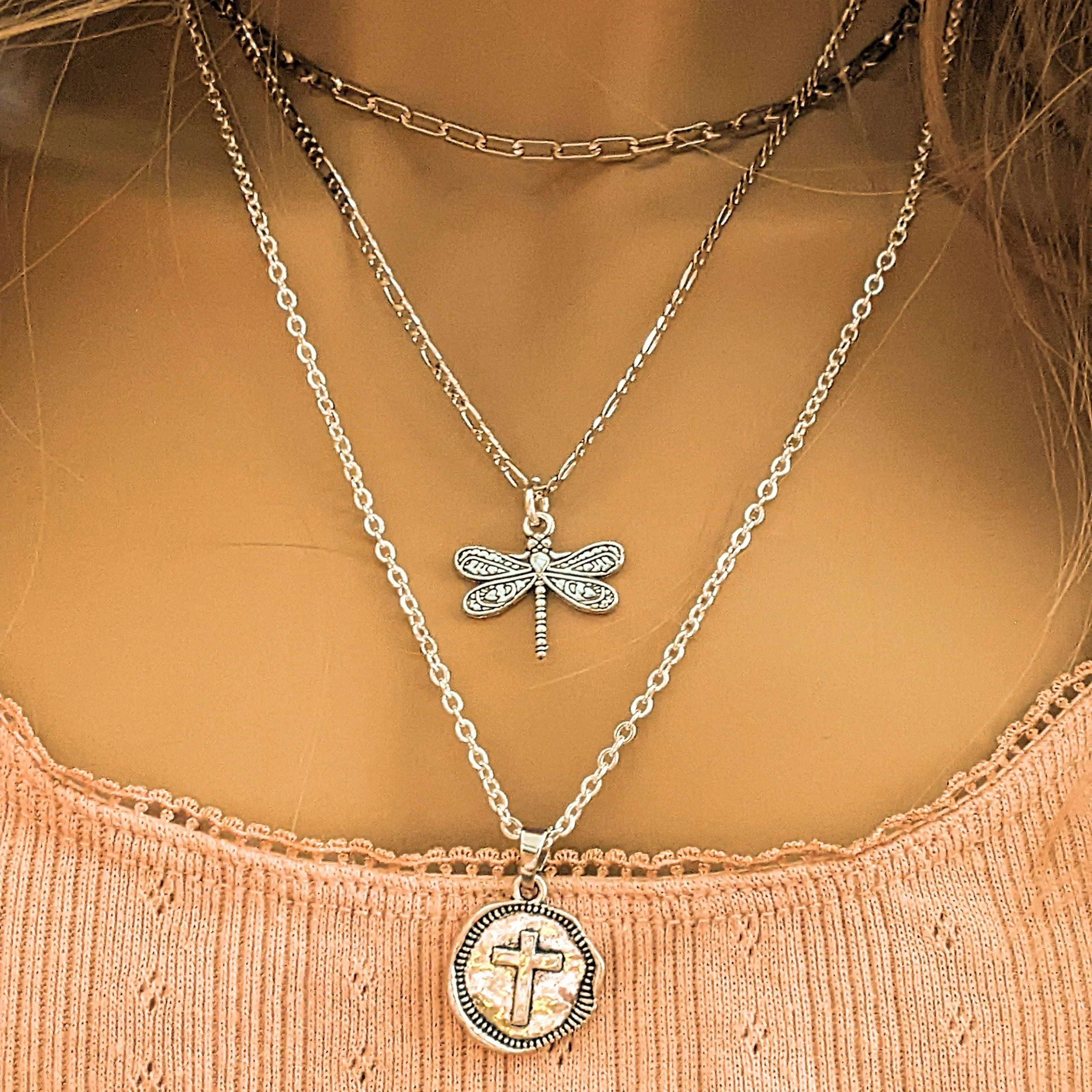 CZ Flower/Dragonfly Cross  Layered Necklace Set