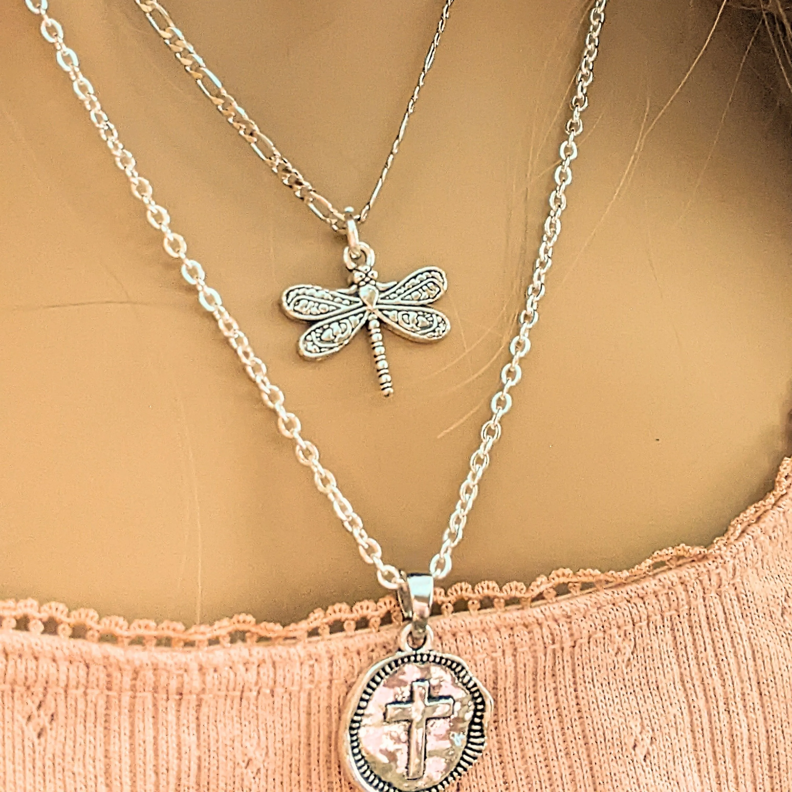 CZ Flower/Dragonfly Cross  Layered Necklace Set