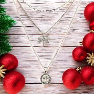 CZ Flower/Dragonfly Cross  Layered Necklace Set