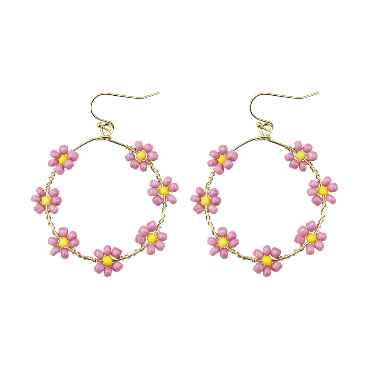 Daisy Seed Bead Floral Drop Gold Hoop Earrings - In 5 Colors