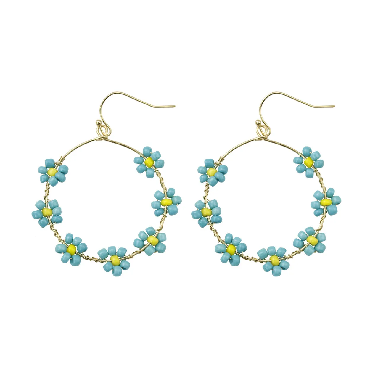 Daisy Seed Bead Floral Drop Gold Hoop Earrings - In 5 Colors