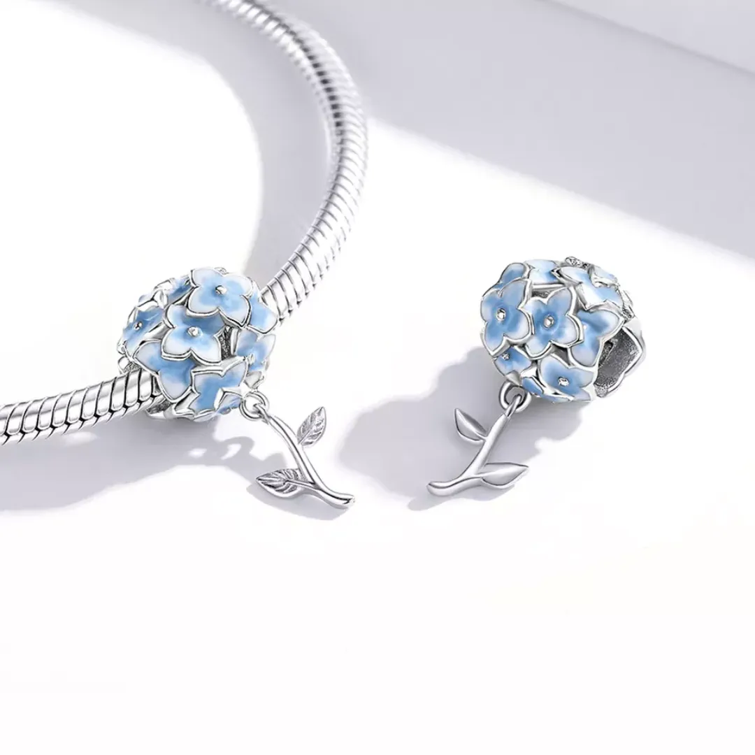 Enamel 3D Blue Hydrangea Flower Bouquet Charm 925 Sterling Silver