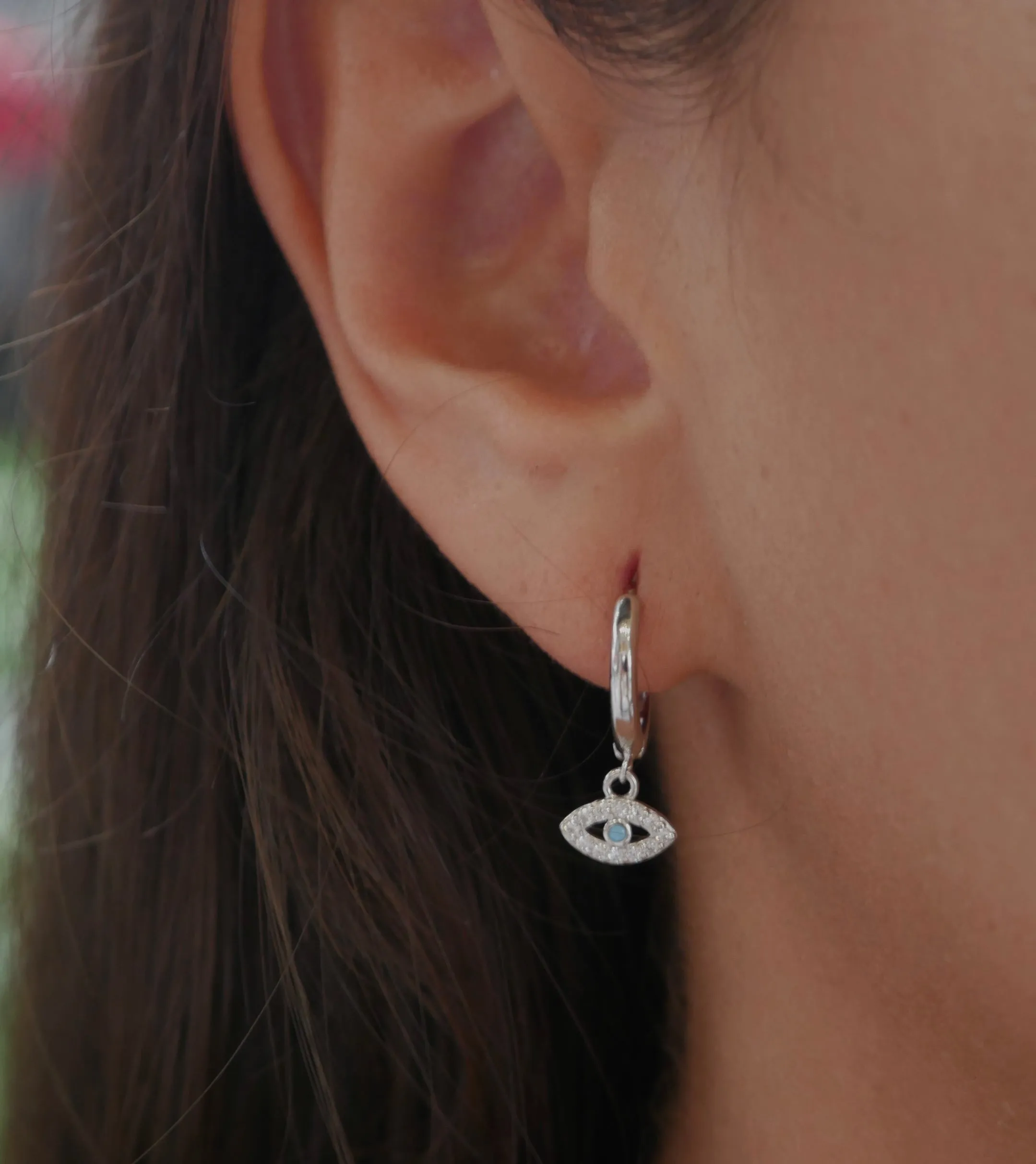 Evil Eye Hoop Earrings, 925 Sterling Silver Cubic Zirconia  Huggie Earrings with charm