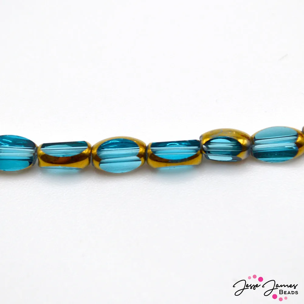 Glass Bead Strand in Blue & Gold Three Sided Lentil