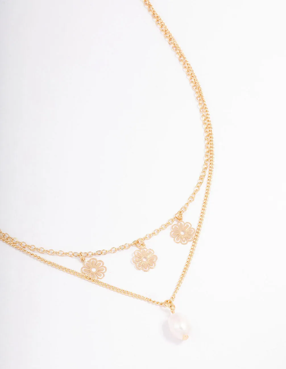 Gold Filo Flower & Pearl Layered Necklace