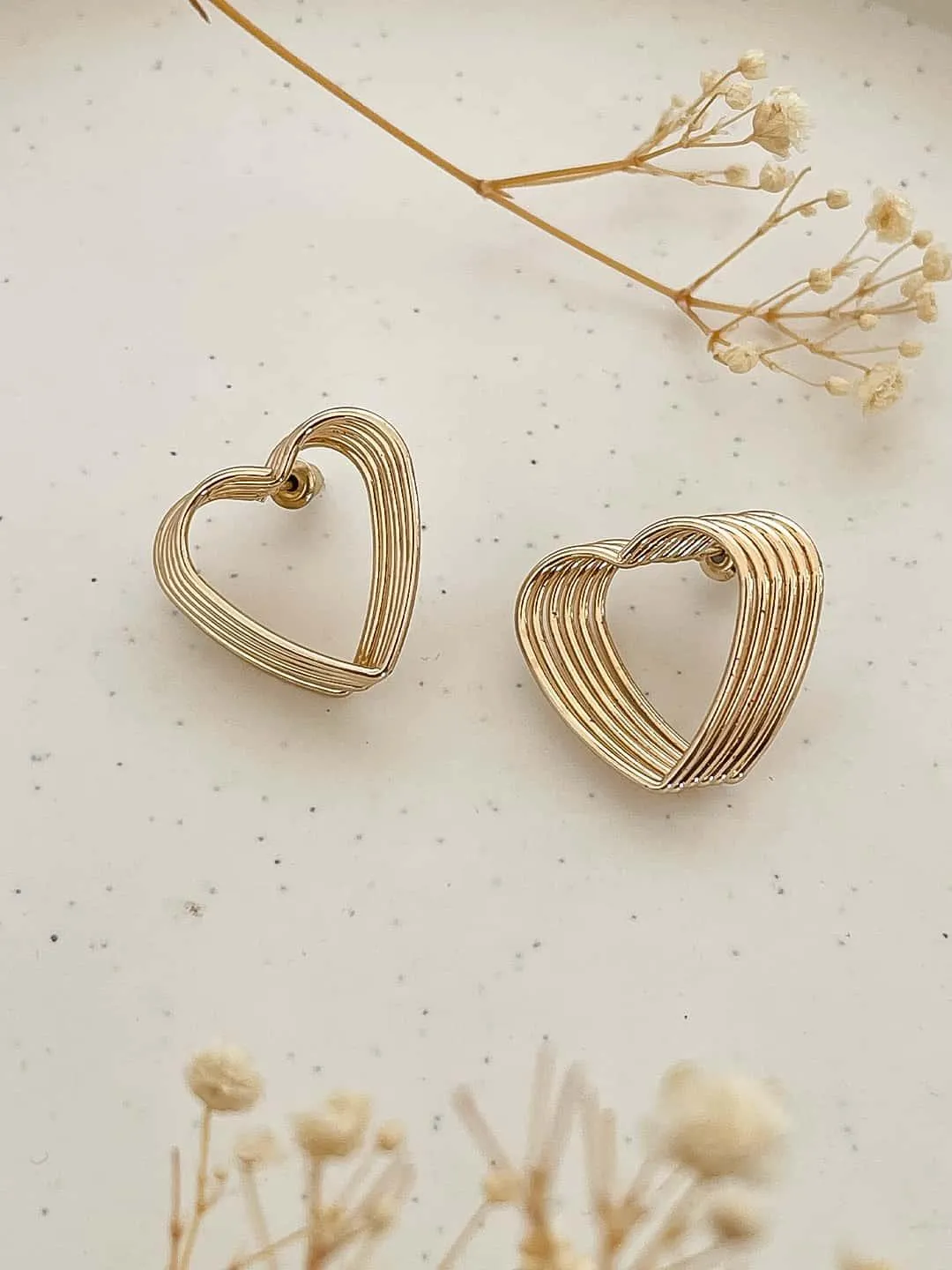 Gold Toned Layered Geometric Heart Stud Earrings