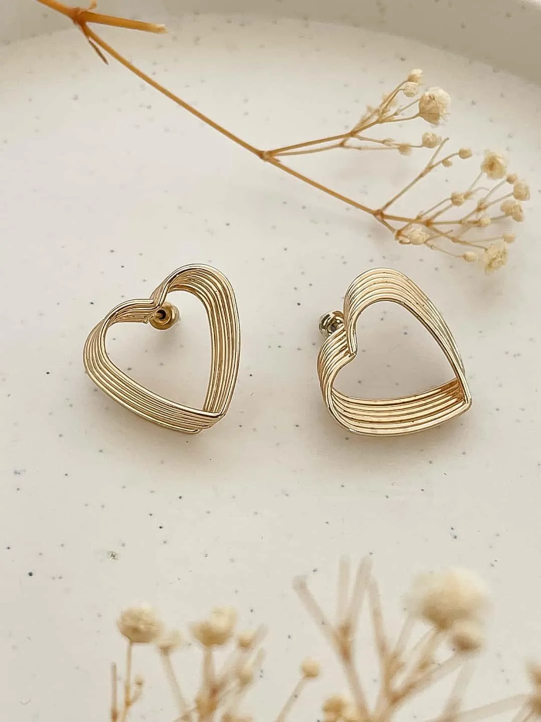 Gold Toned Layered Geometric Heart Stud Earrings