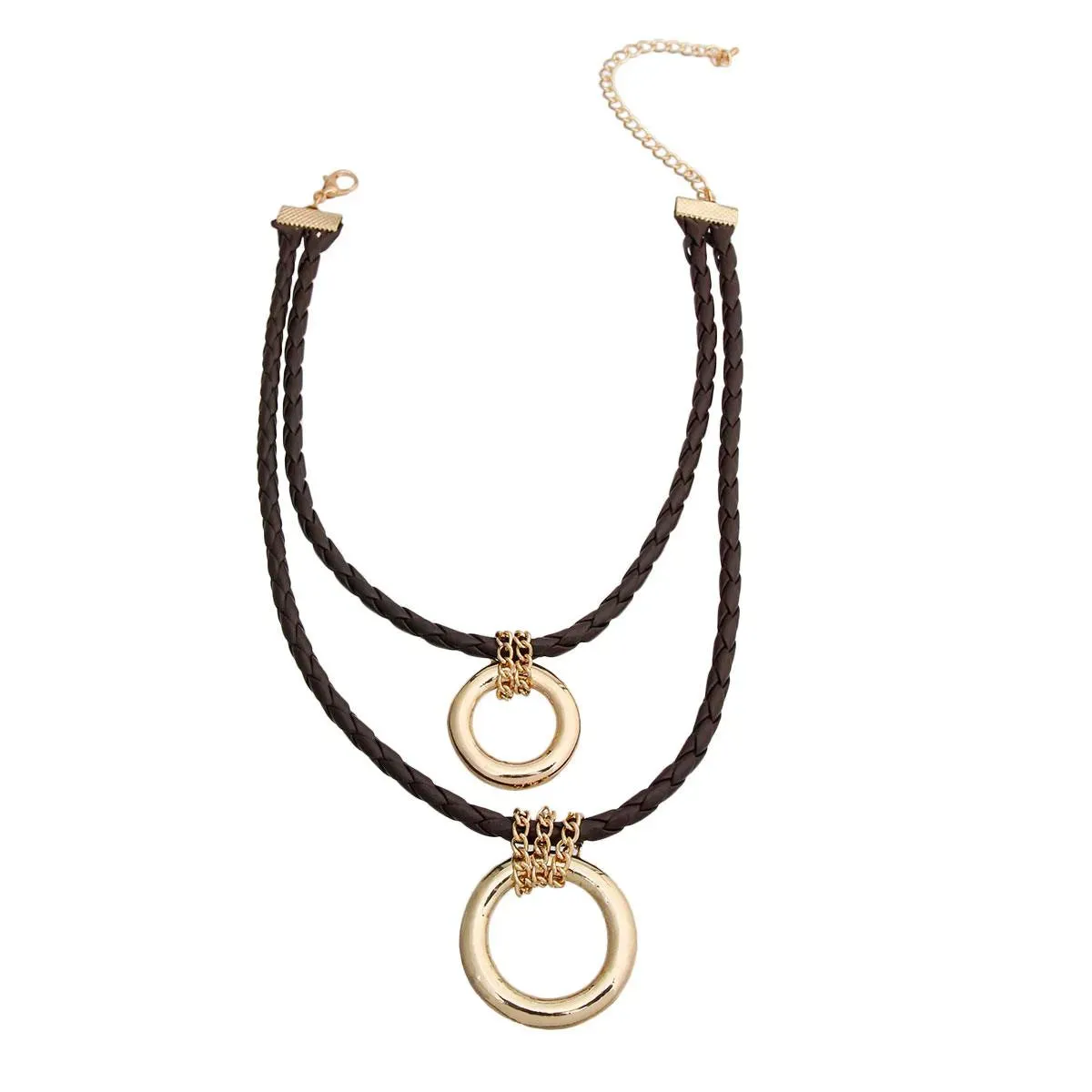 Hoop Pendants Dark Brown Leather Cord Necklace for Women