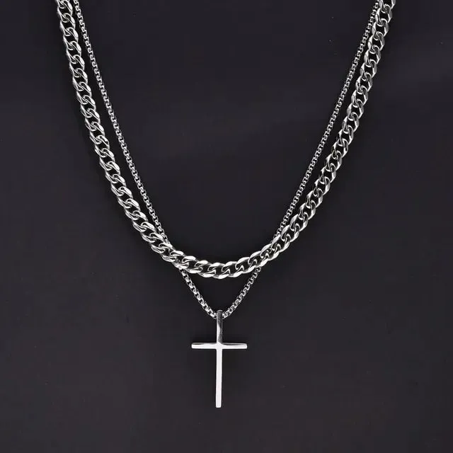 Layered Men's Cross Pendant Necklaces