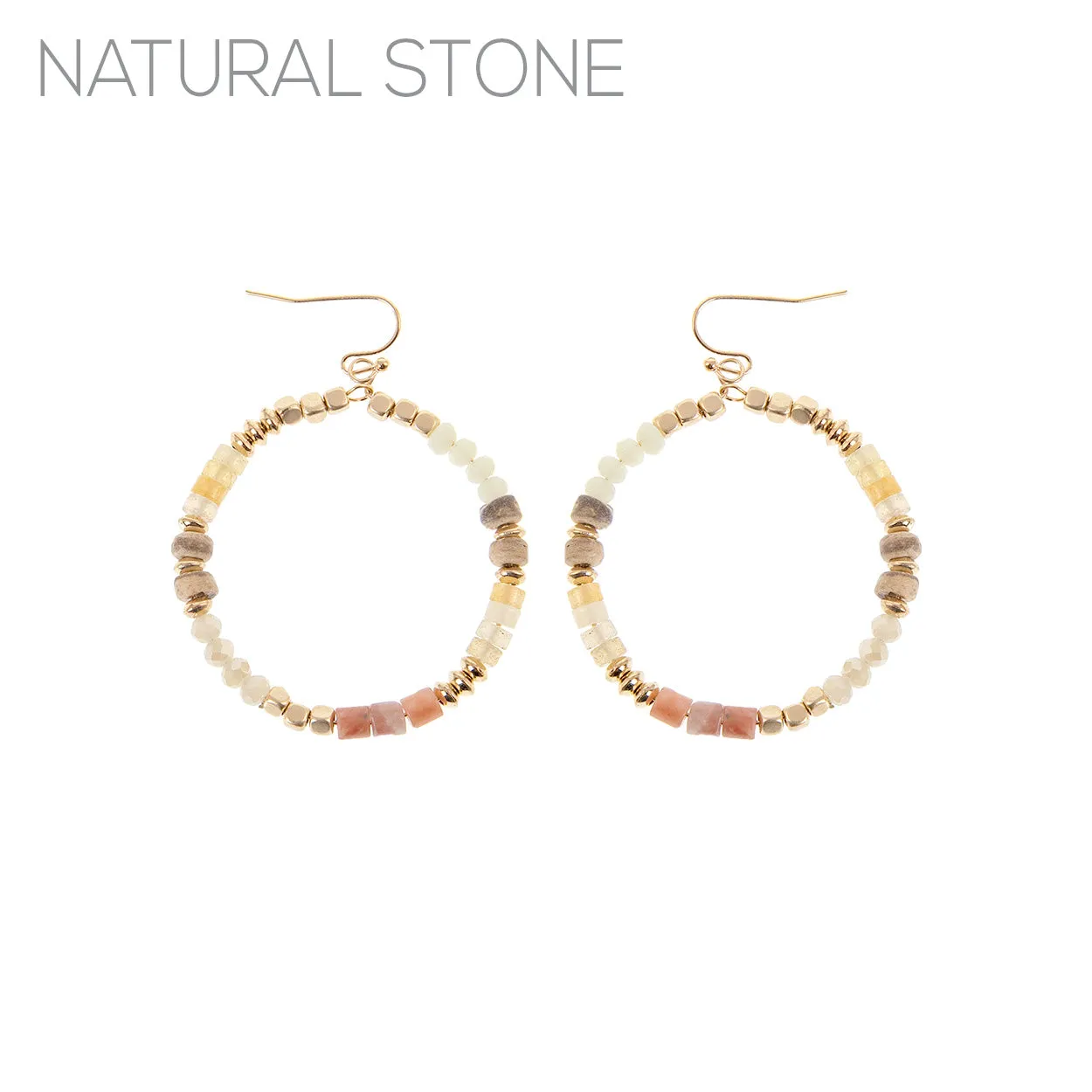 Natural Stone Beaded Dangle Hoop Earrings - In 2 Colors