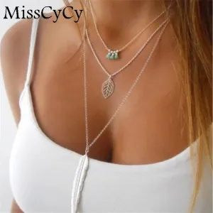 Necklaces Leaf Long Pendant Necklaces 3 Layer