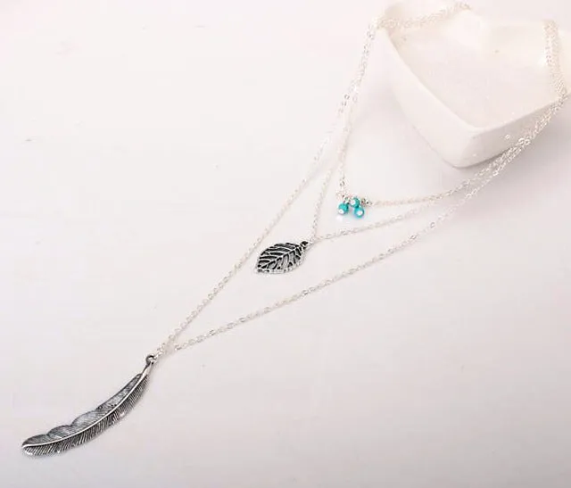 Necklaces Leaf Long Pendant Necklaces 3 Layer