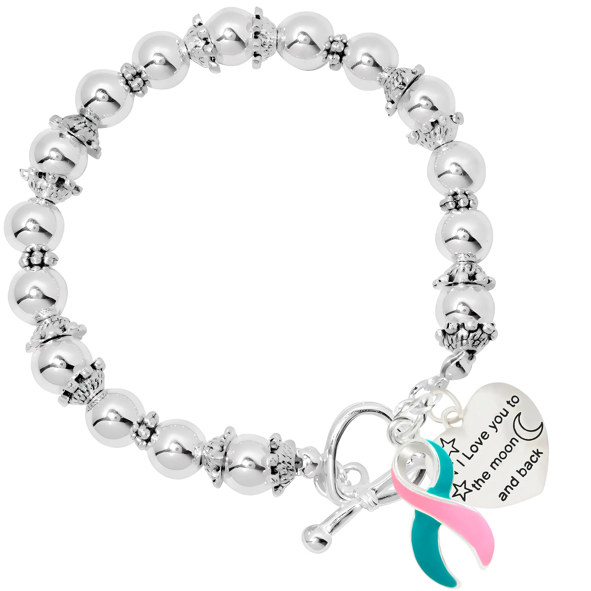 Pink & Teal Ribbon I Love You Heart Charm Bracelets