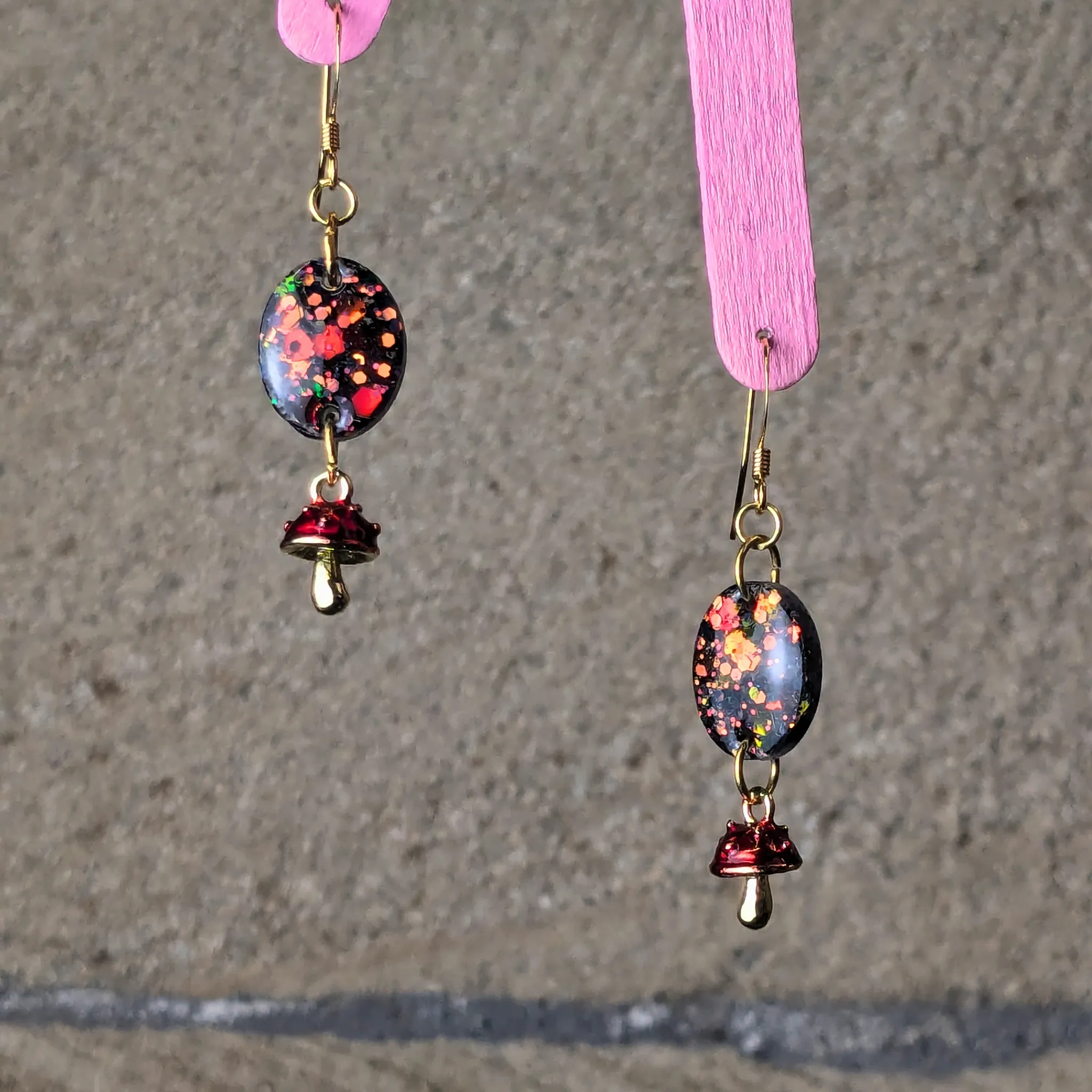 "Amber" Autumn Glitter Oval Resin Earrings with Mushroom Charm