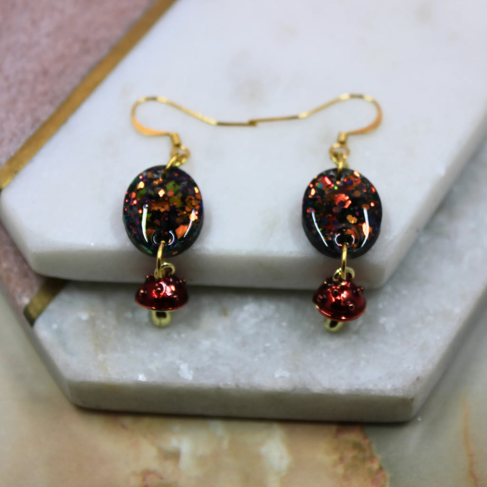 "Amber" Autumn Glitter Oval Resin Earrings with Mushroom Charm