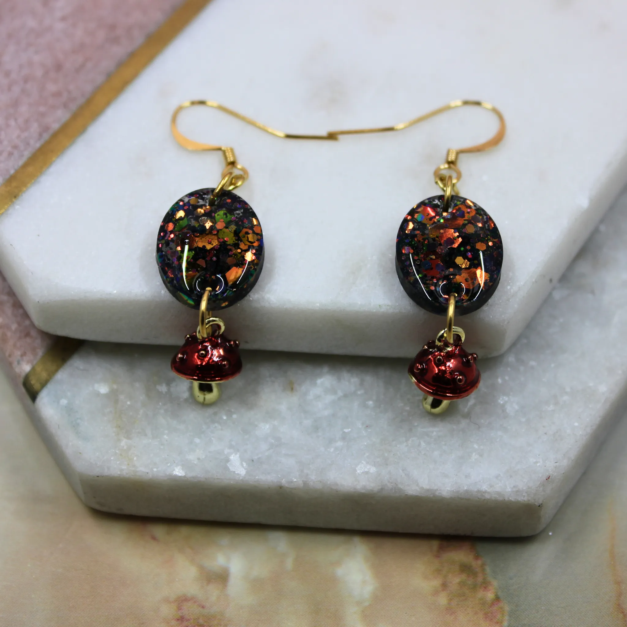 "Amber" Autumn Glitter Oval Resin Earrings with Mushroom Charm