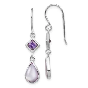 Sterling Silver Rhod-plated Purple CZ and Purple MOP Dangle Earrings