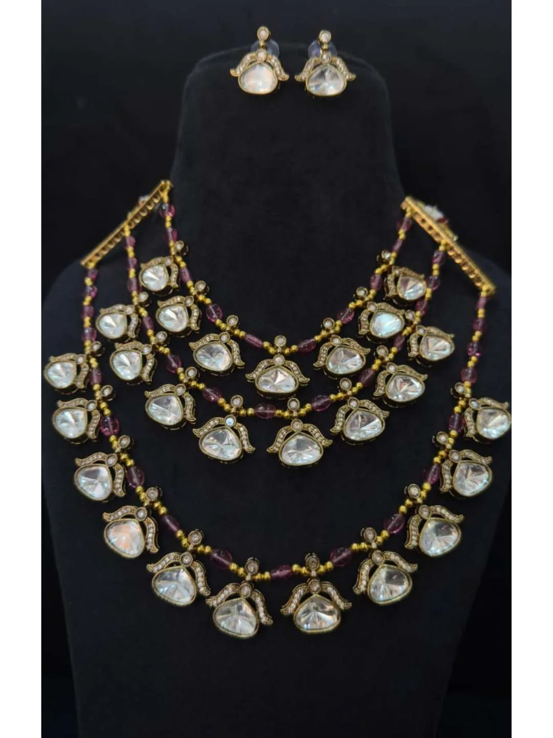 Three Layer Doublet Stone Designer Necklace Set In Victorian Style