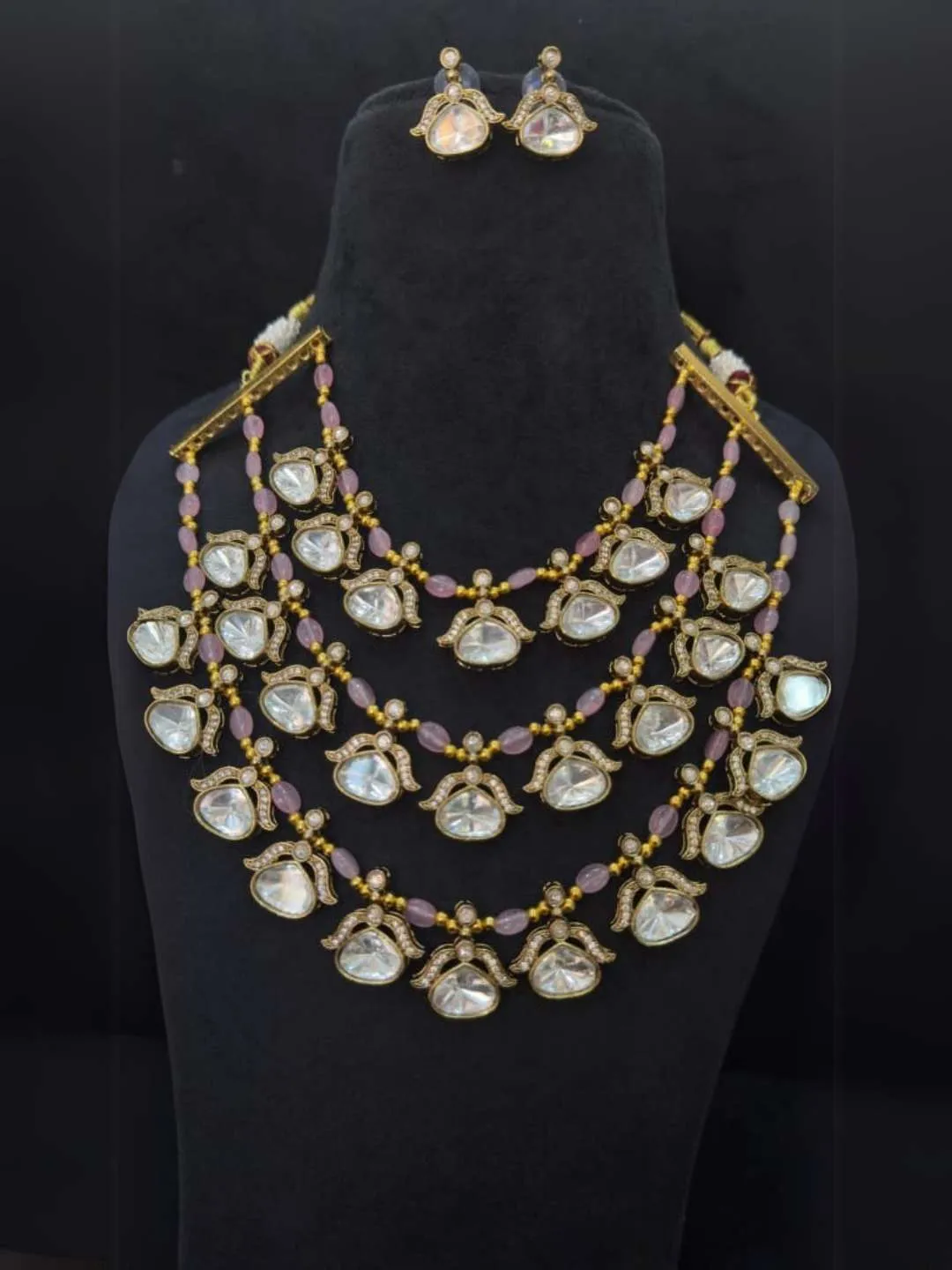 Three Layer Doublet Stone Designer Necklace Set In Victorian Style