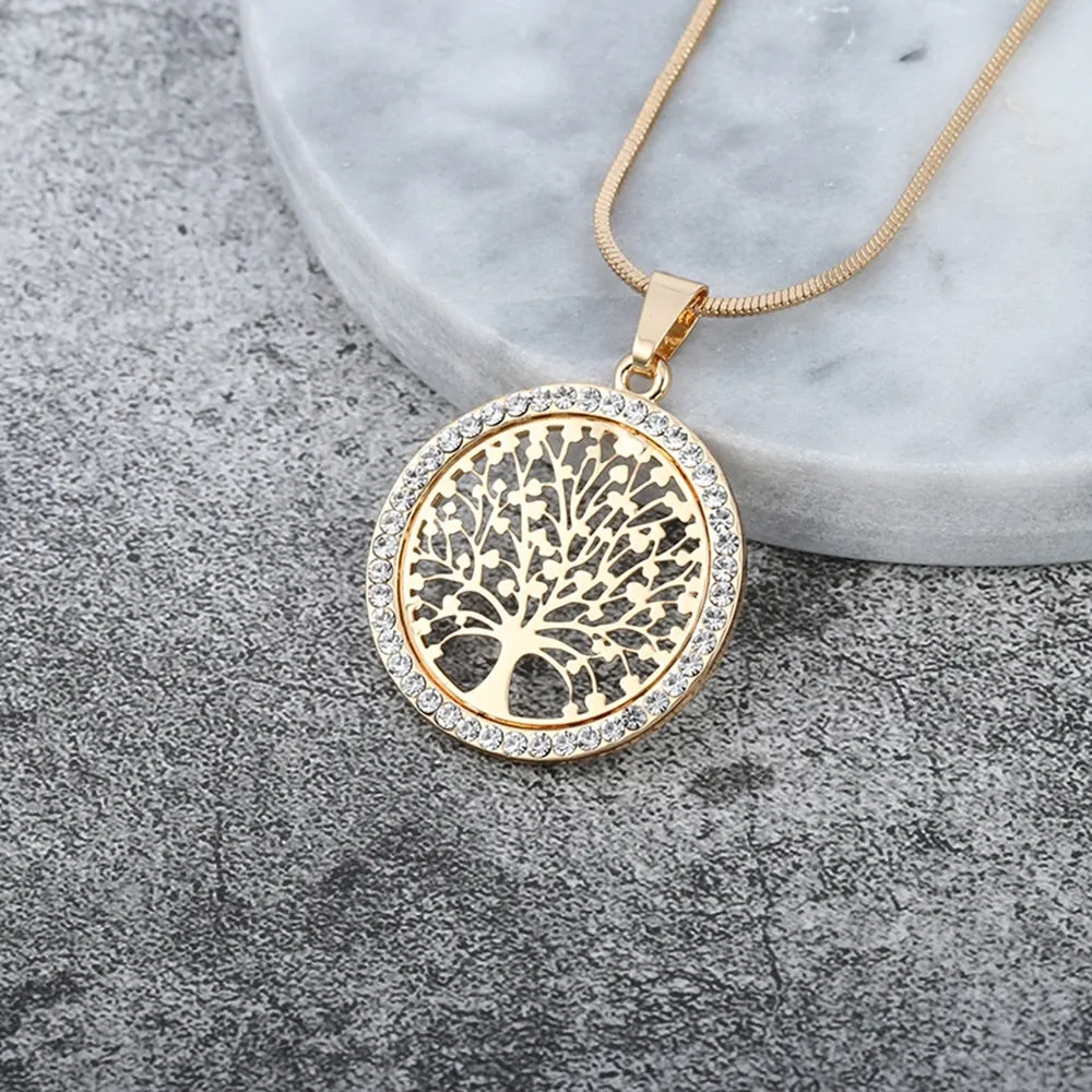 Tree of Life Crystal Round Small Pendant Gold Silver Color Elegant Jewelry Necklace For Women