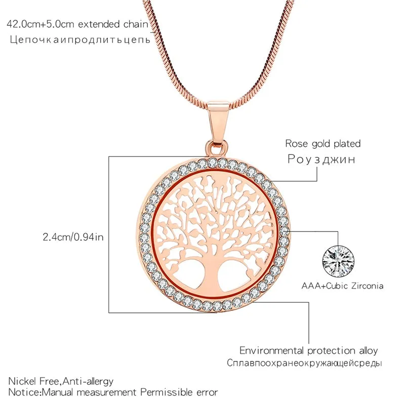 Tree of Life Crystal Round Small Pendant Gold Silver Color Elegant Jewelry Necklace For Women