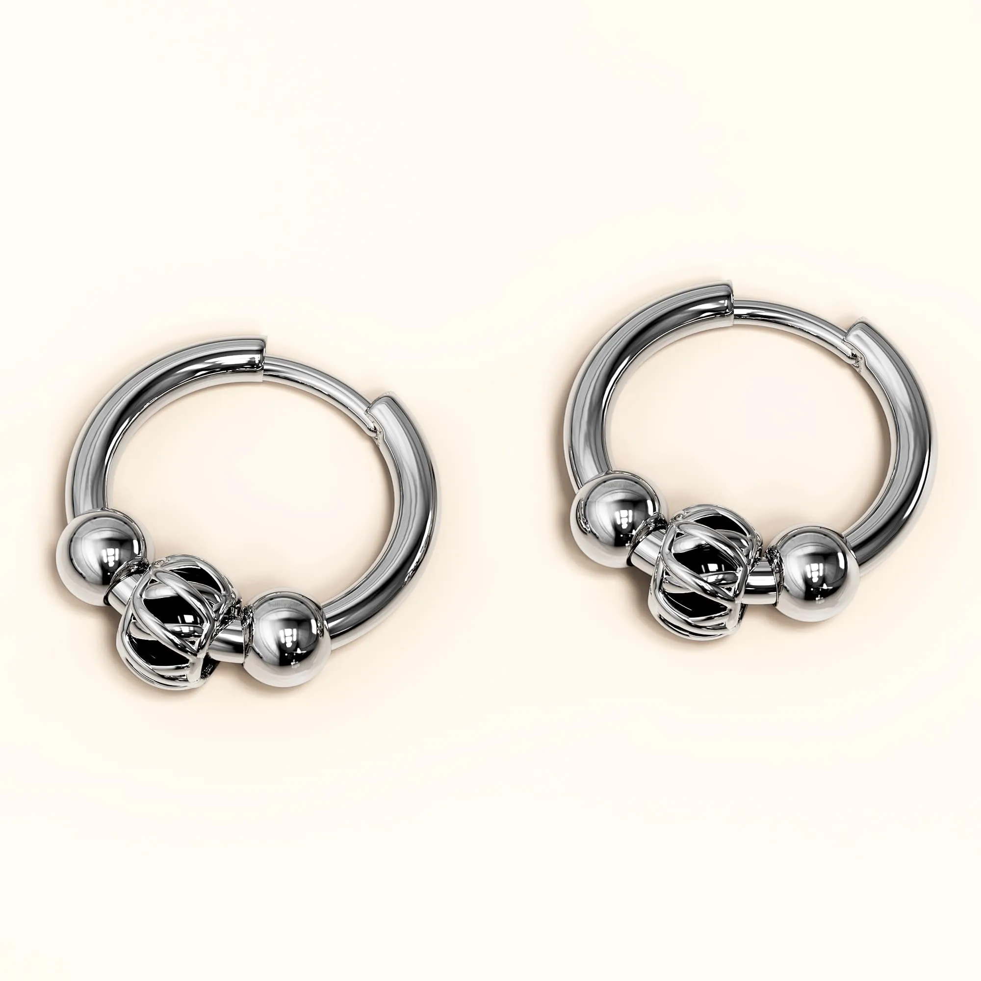 Triple Beads Hoop White Gold Layered Earrings