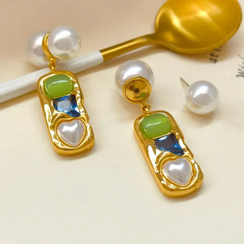 VAIGE Elegant Green and Blue Laila Pearl Dangle Gold Earrings