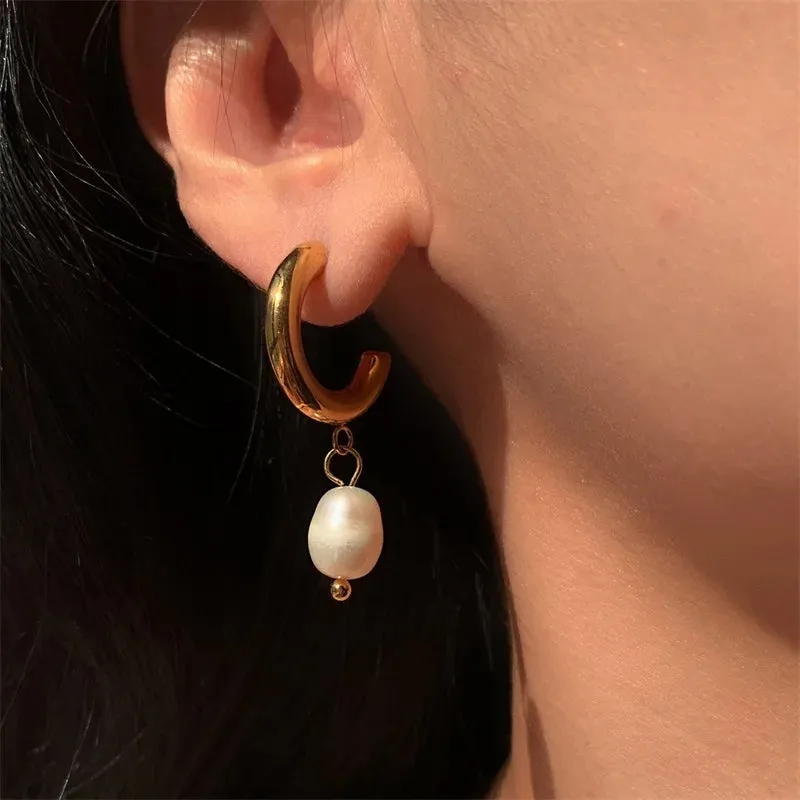 VAIGE Unique Gold-Plated 316 Stainless Steel Pearl Dangle Earrings - Waterproof Freshwater Pearl Jewelry Gift