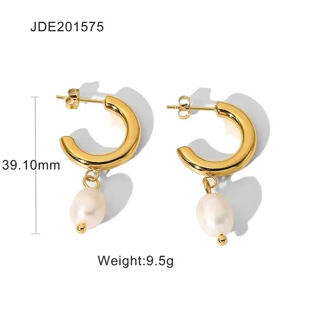 VAIGE Unique Gold-Plated 316 Stainless Steel Pearl Dangle Earrings - Waterproof Freshwater Pearl Jewelry Gift