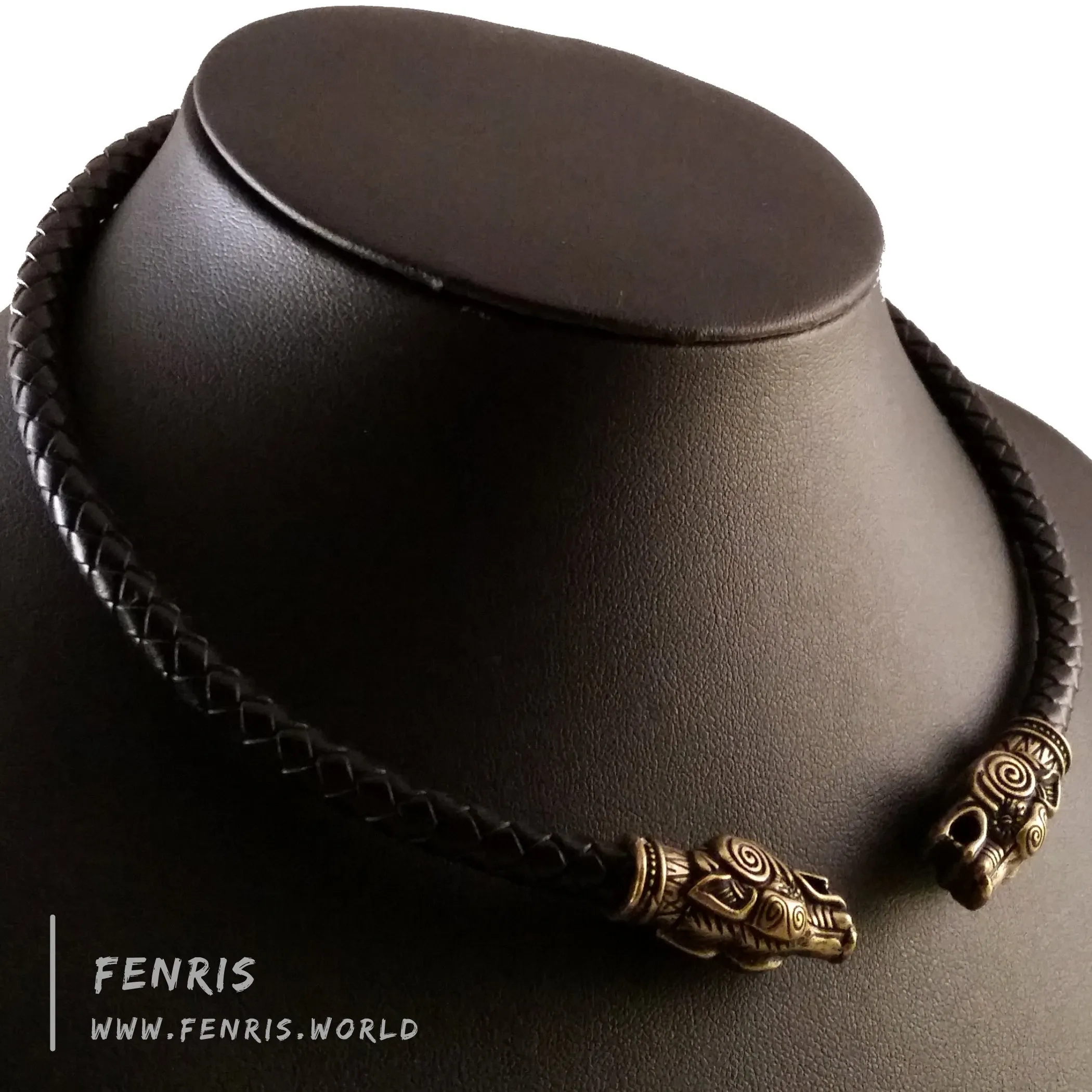 Viking Torc Bronze Wolf Black Leather | Fenris