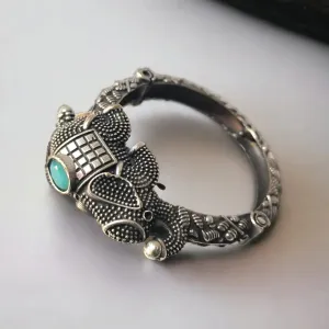 Vintage Elephant Silver Lookalike Kada Bangle, Turquoise