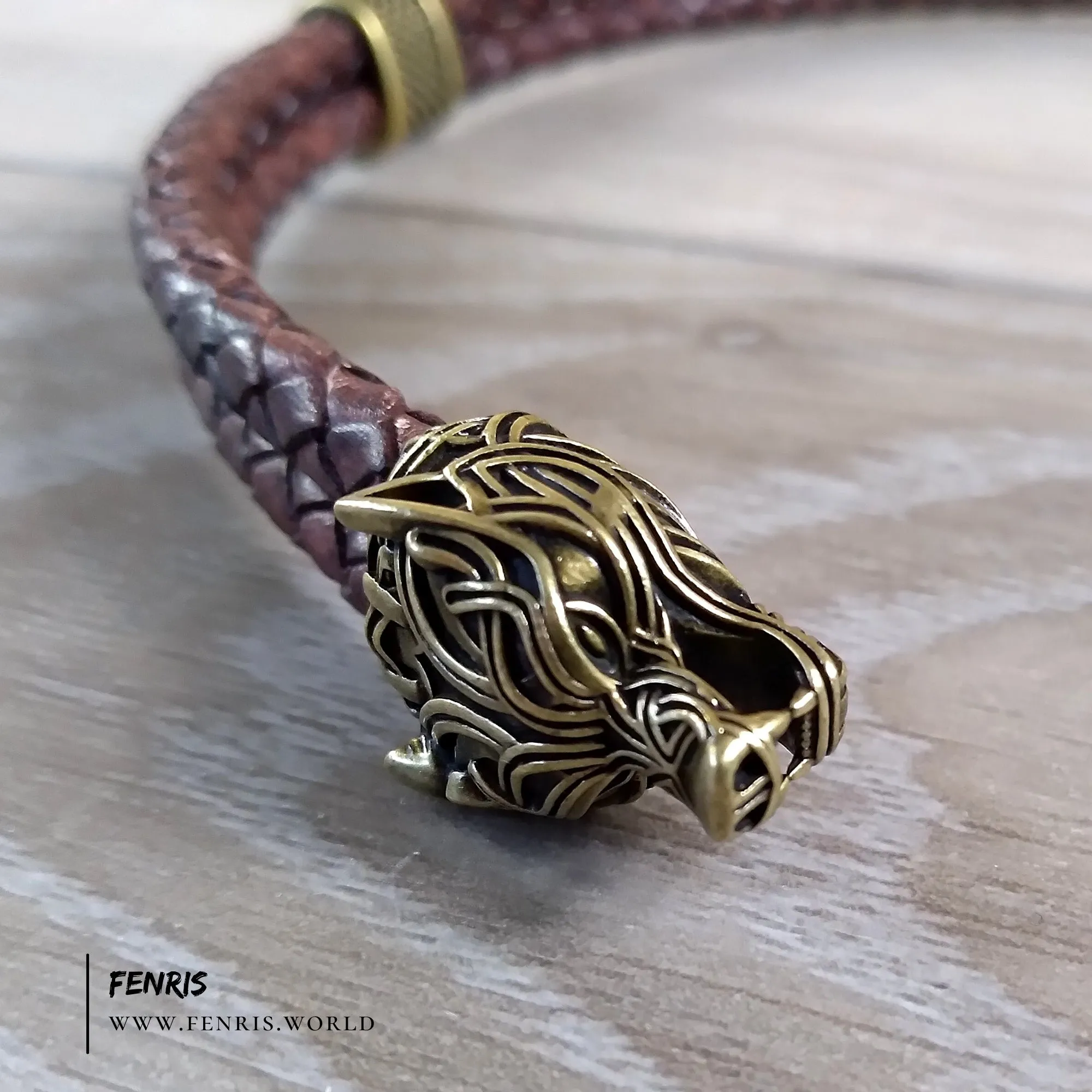 Wolf Torc Bronze Brown Leather Double Band | Fenris