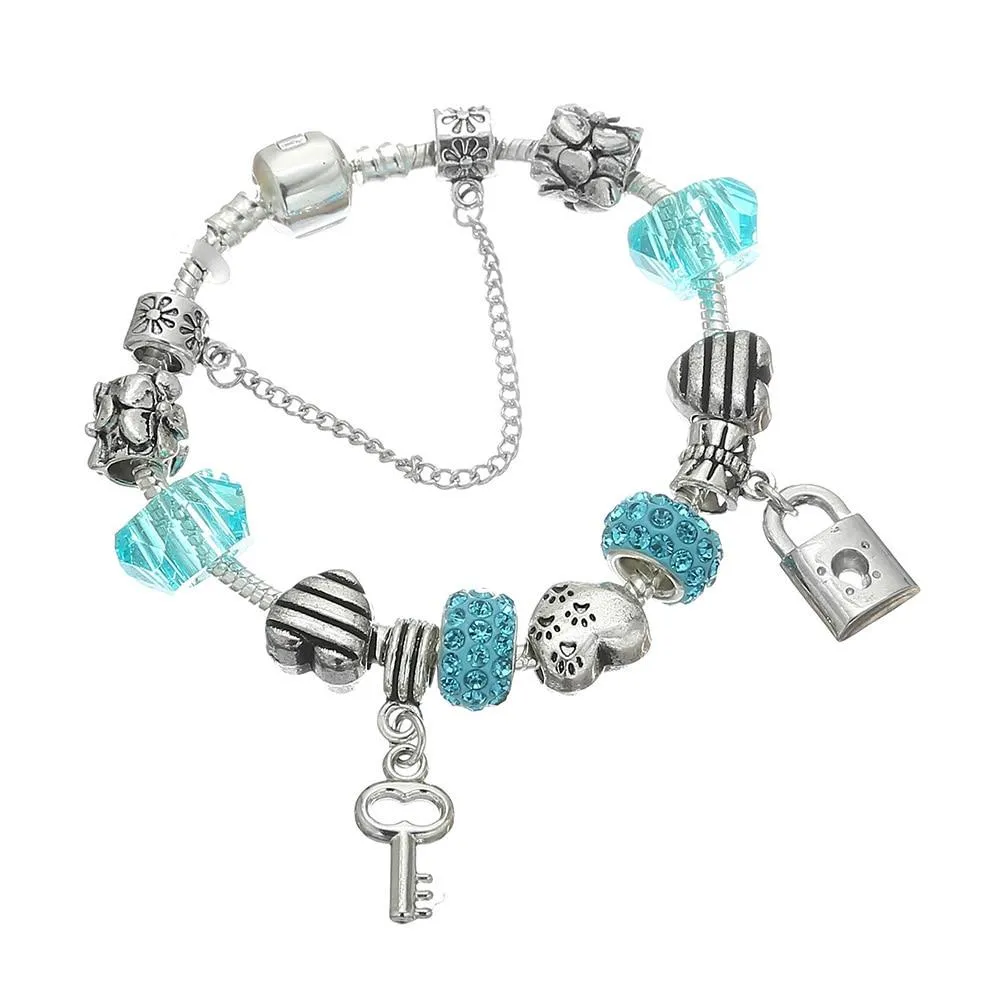 Womens Spinner Romantic Charm Bracelet Love Heart Key and Lock