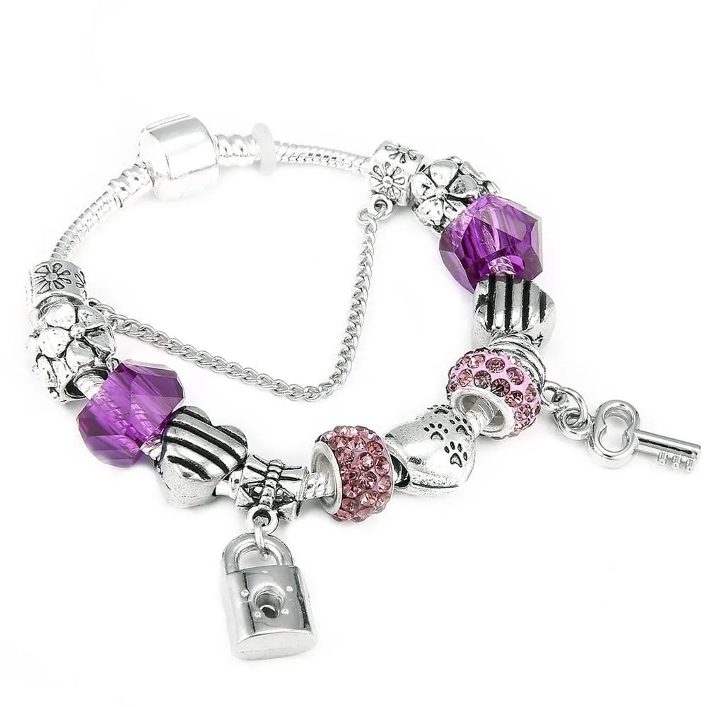 Womens Spinner Romantic Charm Bracelet Love Heart Key and Lock